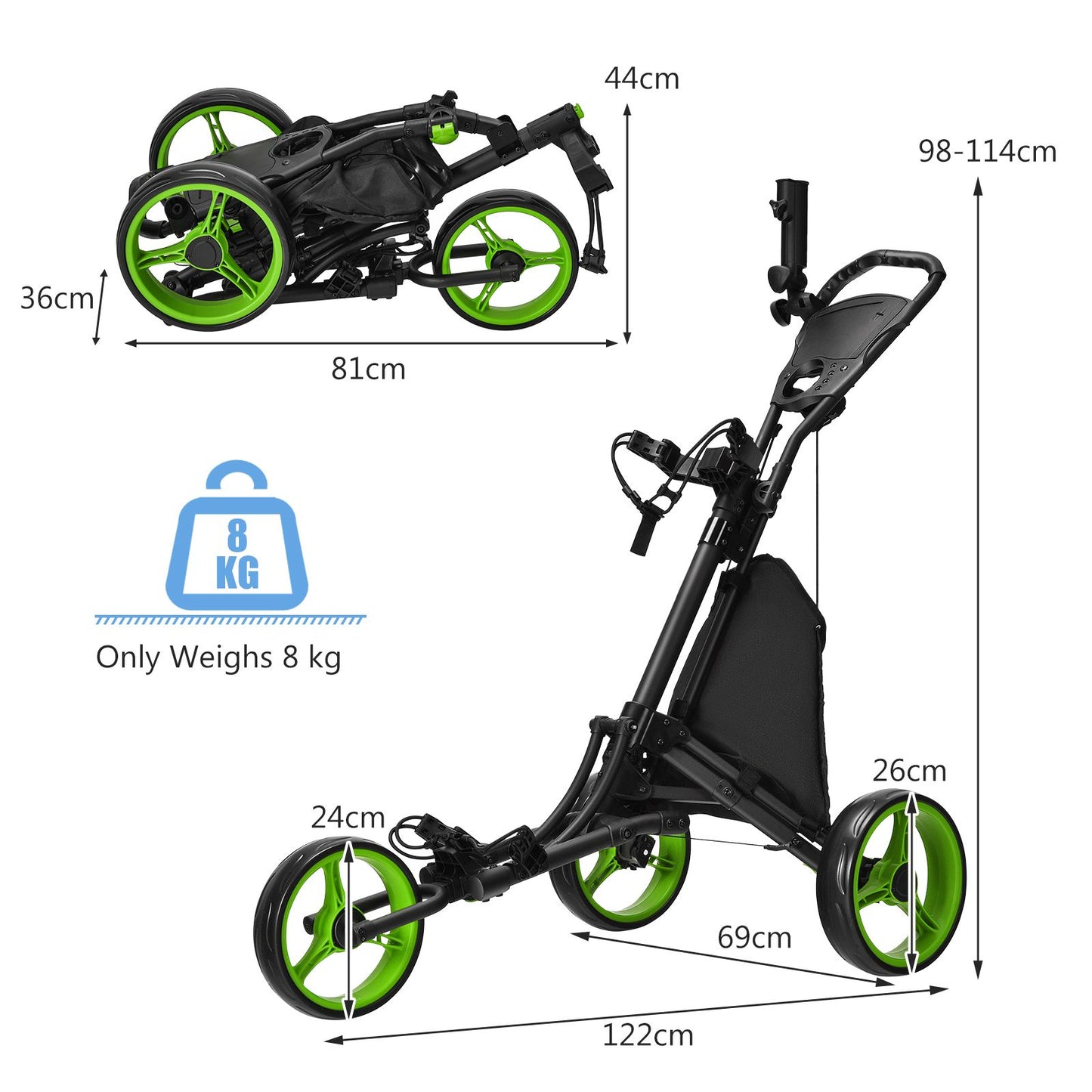 Three-Wheel Golf Push and Pull Cart with Adjustable Height Handle
