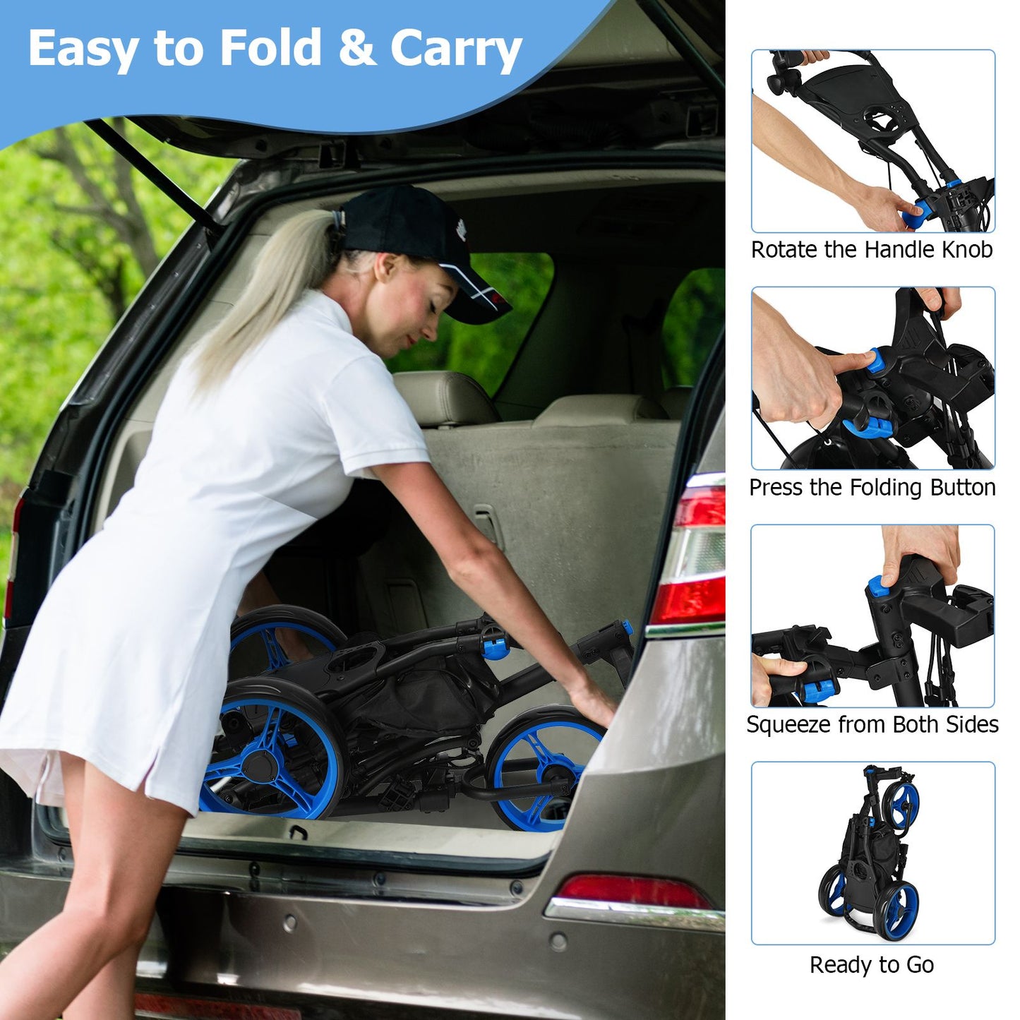 Three-Wheel Golf Push and Pull Cart with Adjustable Height Handle