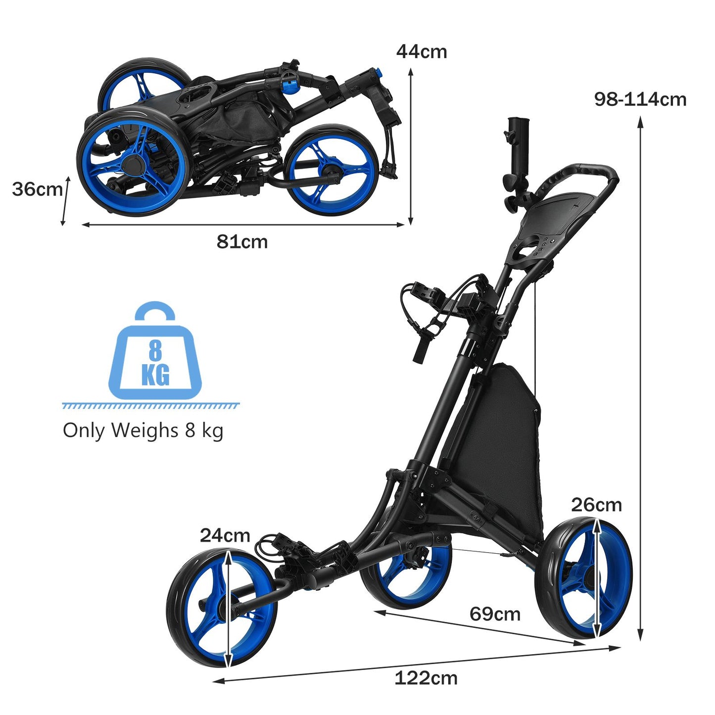 Three-Wheel Golf Push and Pull Cart with Adjustable Height Handle