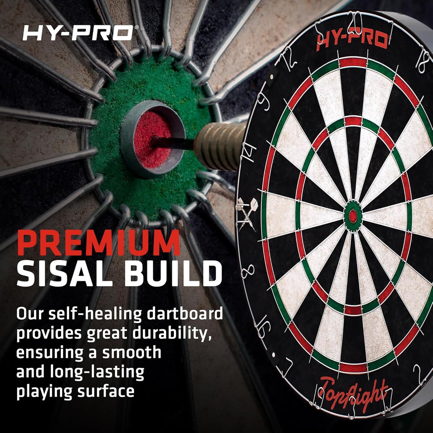 Topflight Dart Board Set – Professional Dartboard with Sisal Surface, Staple-Free Bullseye, Movable Wire, 6X 18G Steel Tip Darts, Wall Mount Kit, Indoor or Outdoor Use for Adults and Kids