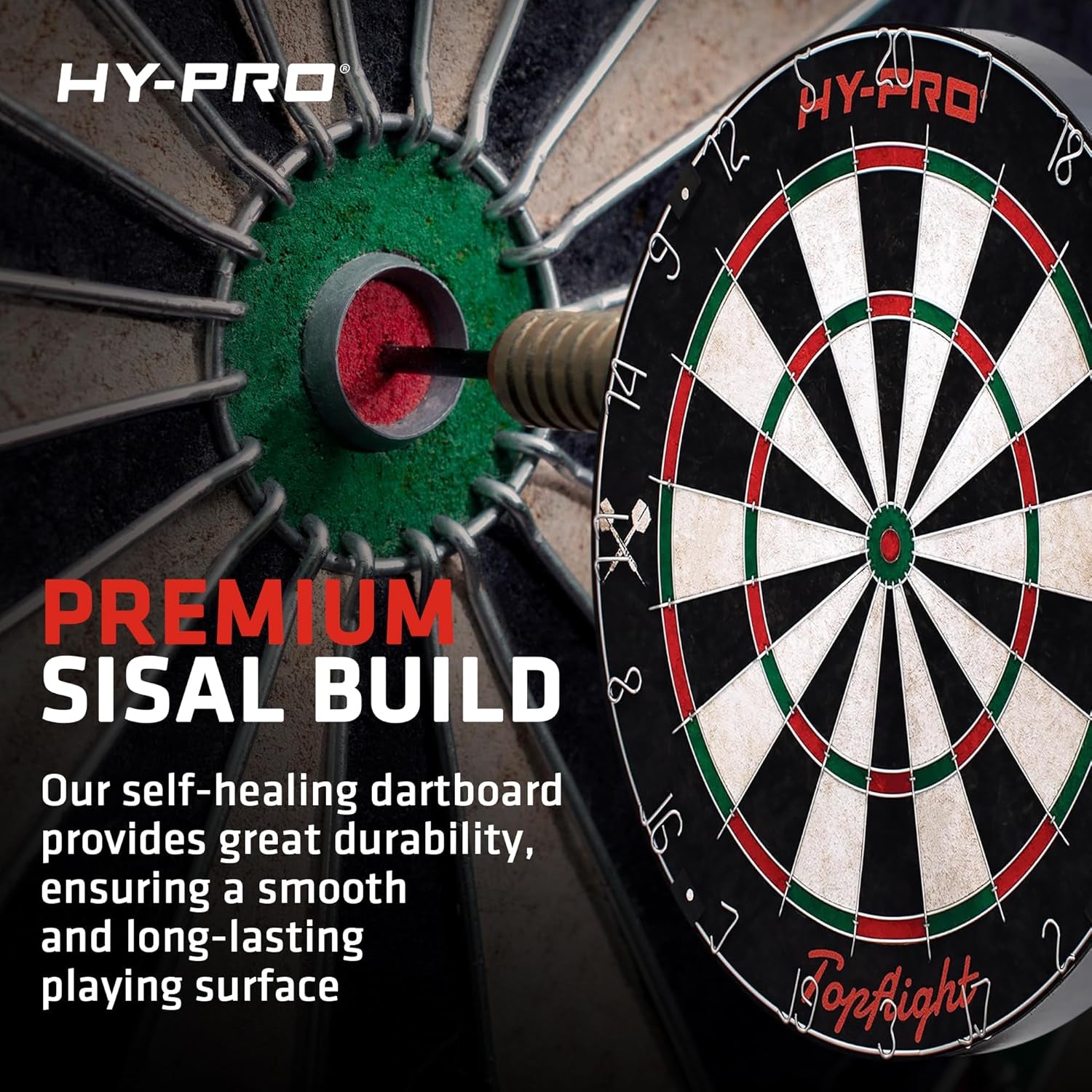 Topflight Dart Board Set – Professional Dartboard with Sisal Surface, Staple-Free Bullseye, Movable Wire, 6X 18G Steel Tip Darts, Wall Mount Kit, Indoor or Outdoor Use for Adults and Kids