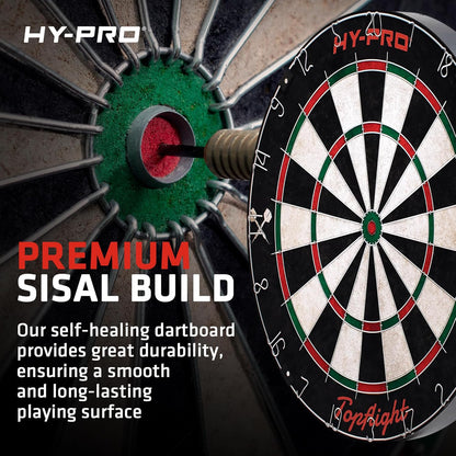 Topflight Dart Board Set – Professional Dartboard with Sisal Surface, Staple-Free Bullseye, Movable Wire, 6X 18G Steel Tip Darts, Wall Mount Kit, Indoor or Outdoor Use for Adults and Kids