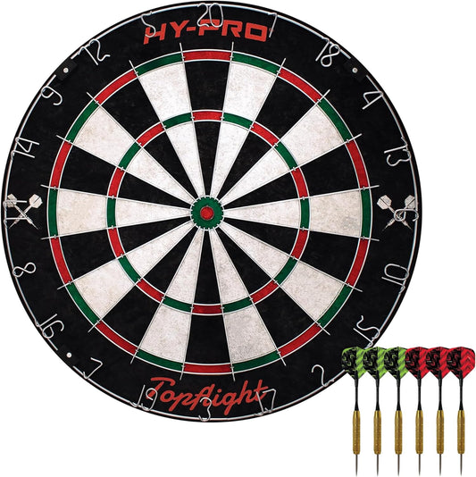 Topflight Dart Board Set – Professional Dartboard with Sisal Surface, Staple-Free Bullseye, Movable Wire, 6X 18G Steel Tip Darts, Wall Mount Kit, Indoor or Outdoor Use for Adults and Kids