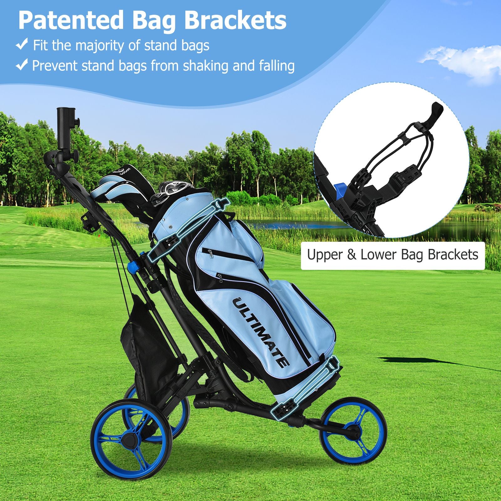 Three-Wheel Golf Push and Pull Cart with Adjustable Height Handle