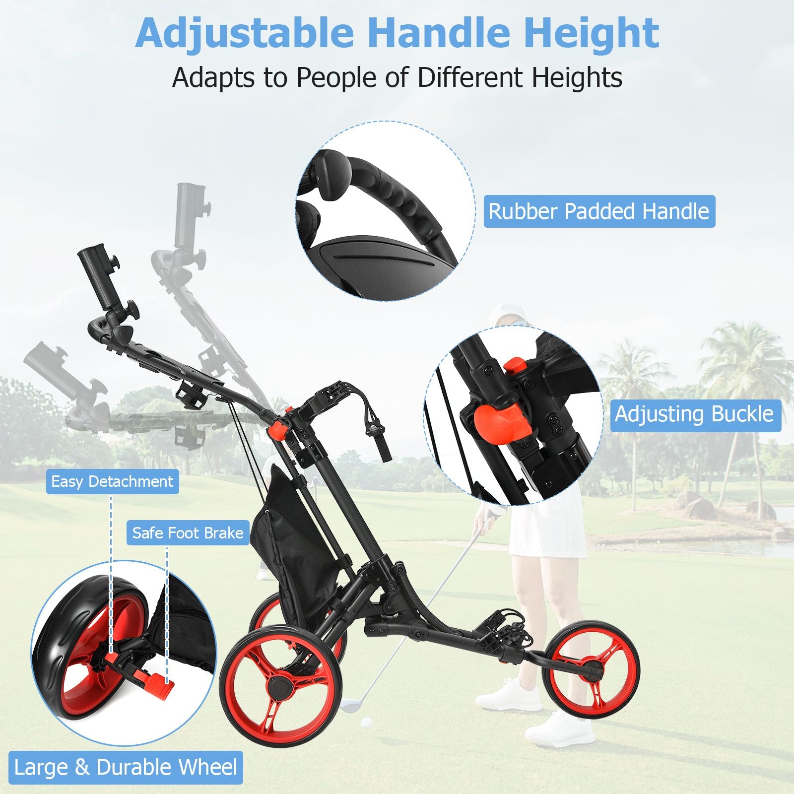 Three-Wheel Golf Push and Pull Cart with Adjustable Height Handle