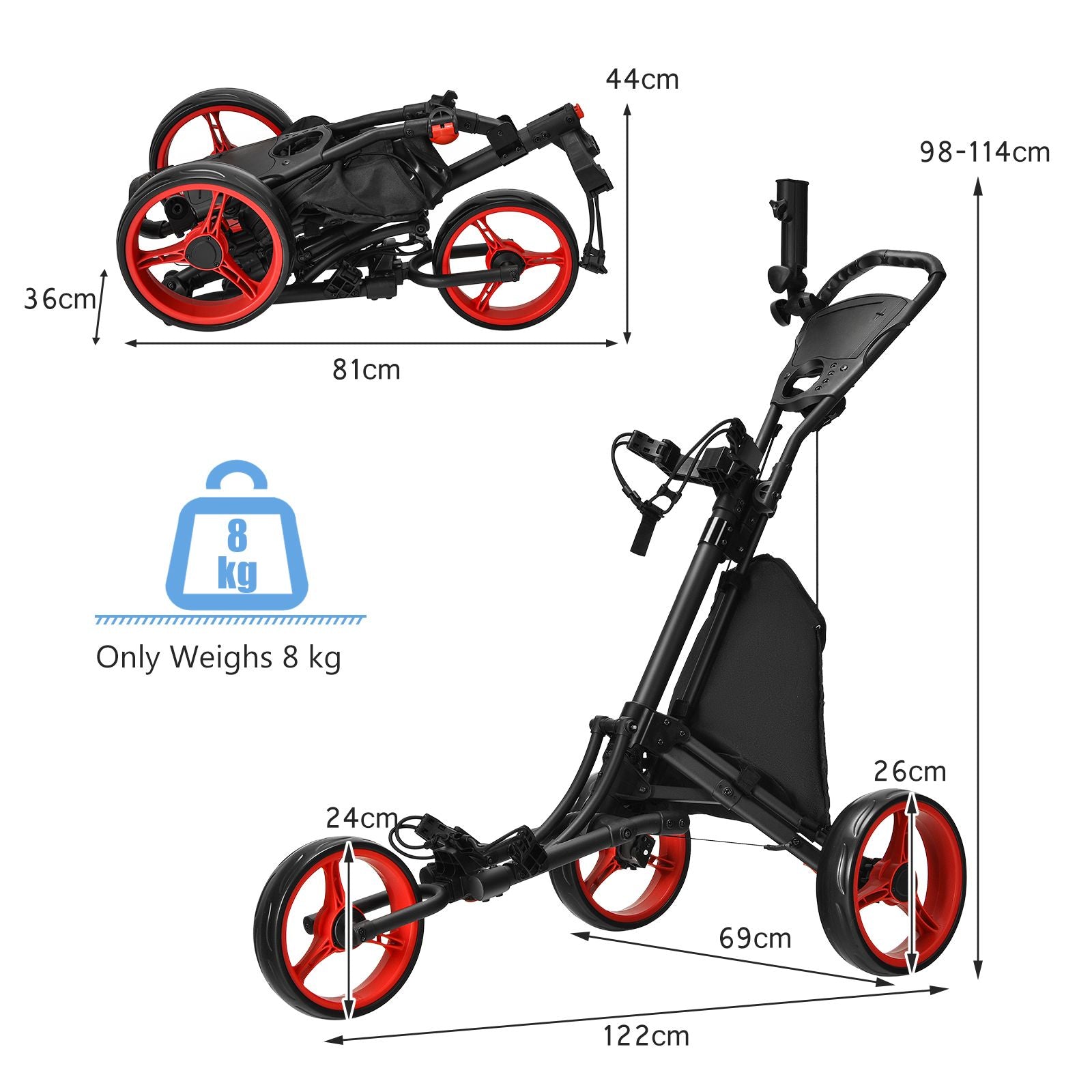 Three-Wheel Golf Push and Pull Cart with Adjustable Height Handle
