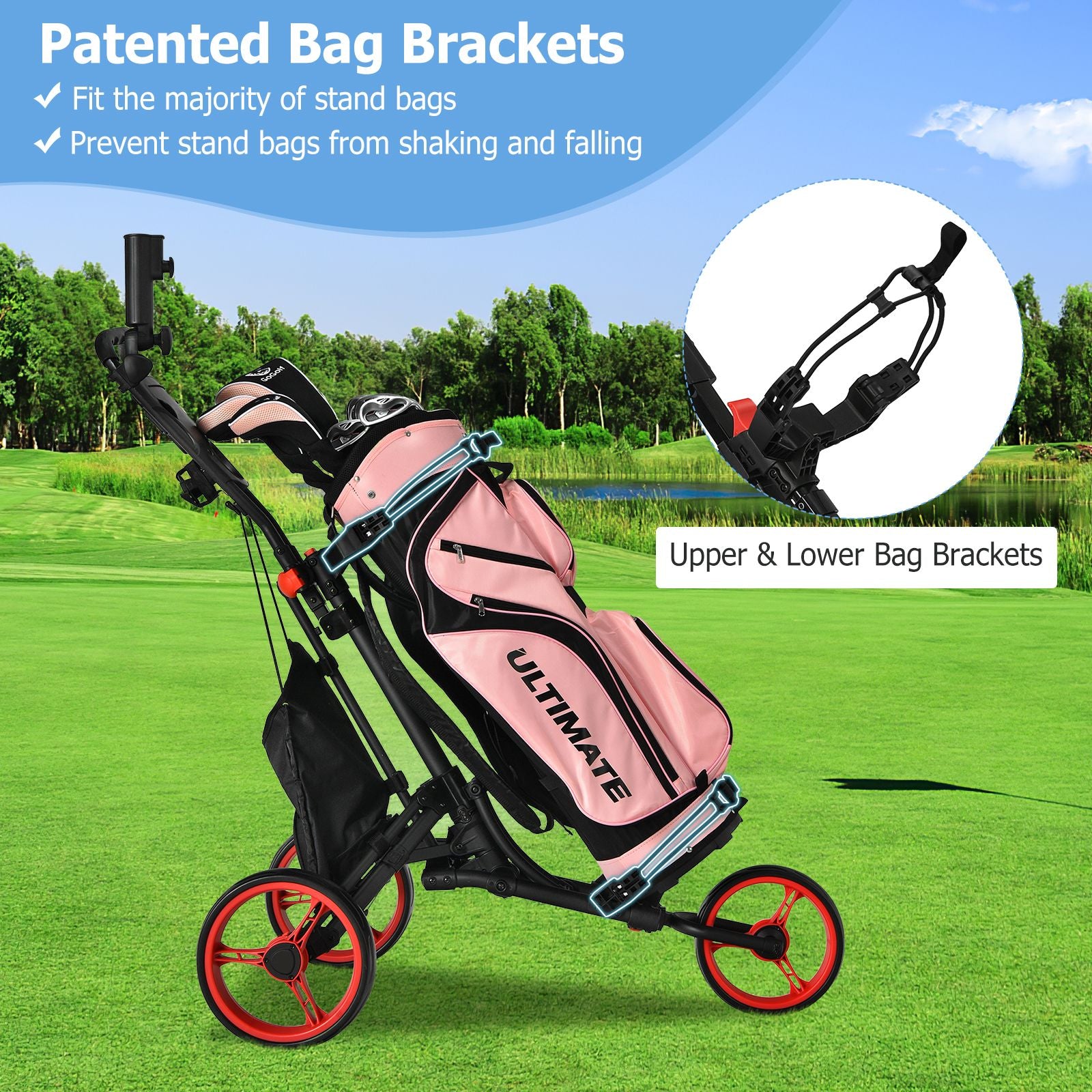 Three-Wheel Golf Push and Pull Cart with Adjustable Height Handle