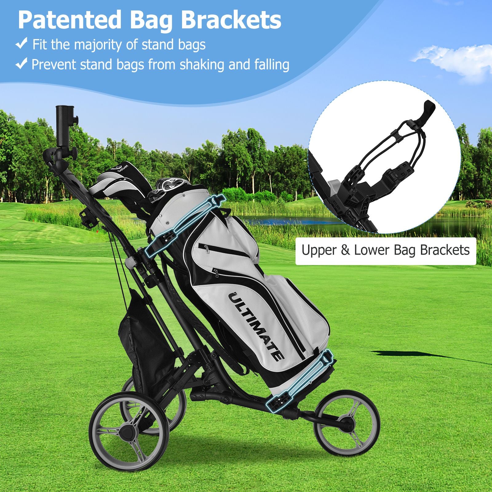 Three-Wheel Golf Push and Pull Cart with Adjustable Height Handle