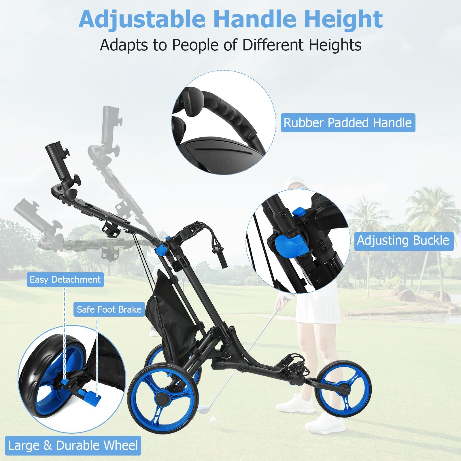Three-Wheel Golf Push and Pull Cart with Adjustable Height Handle