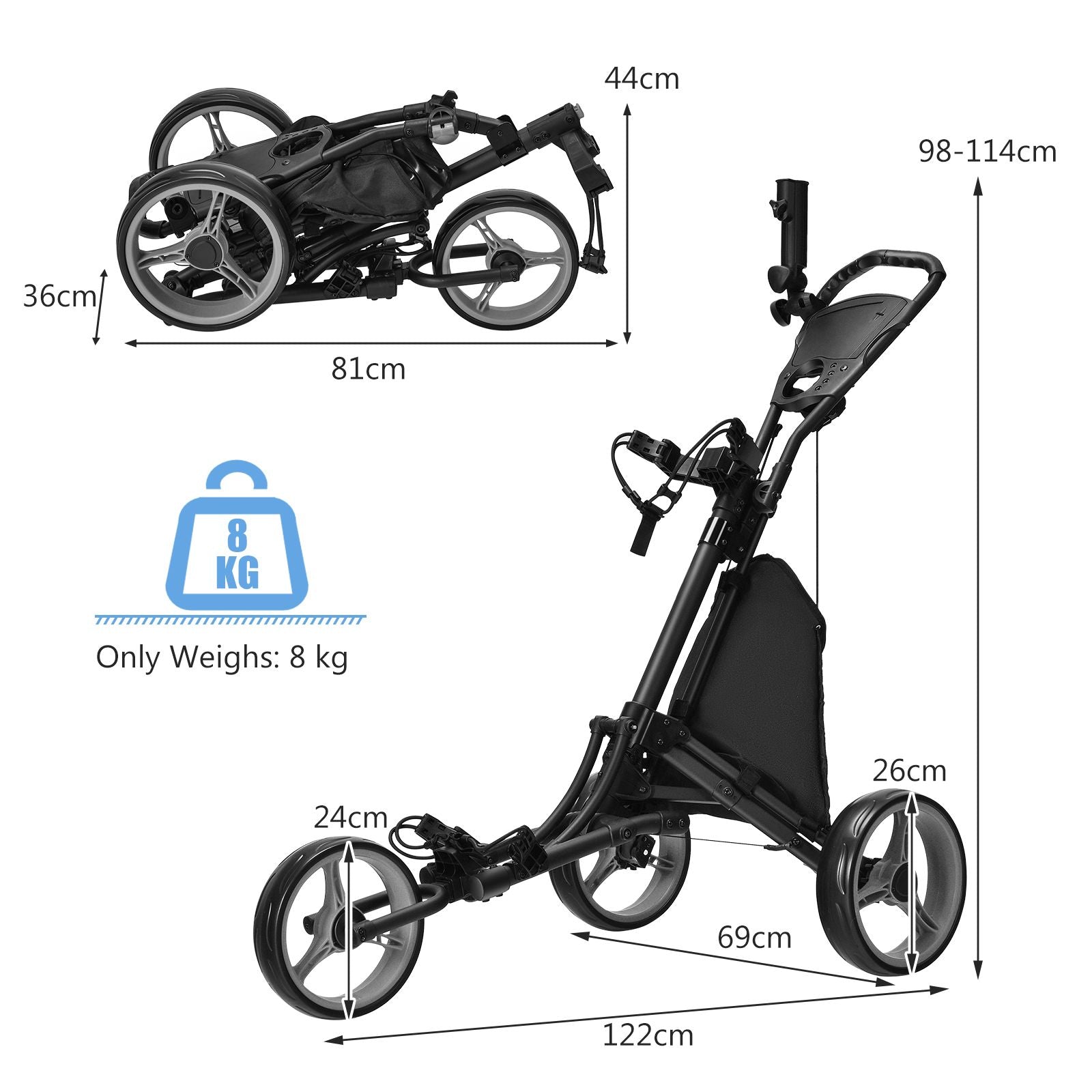 Three-Wheel Golf Push and Pull Cart with Adjustable Height Handle
