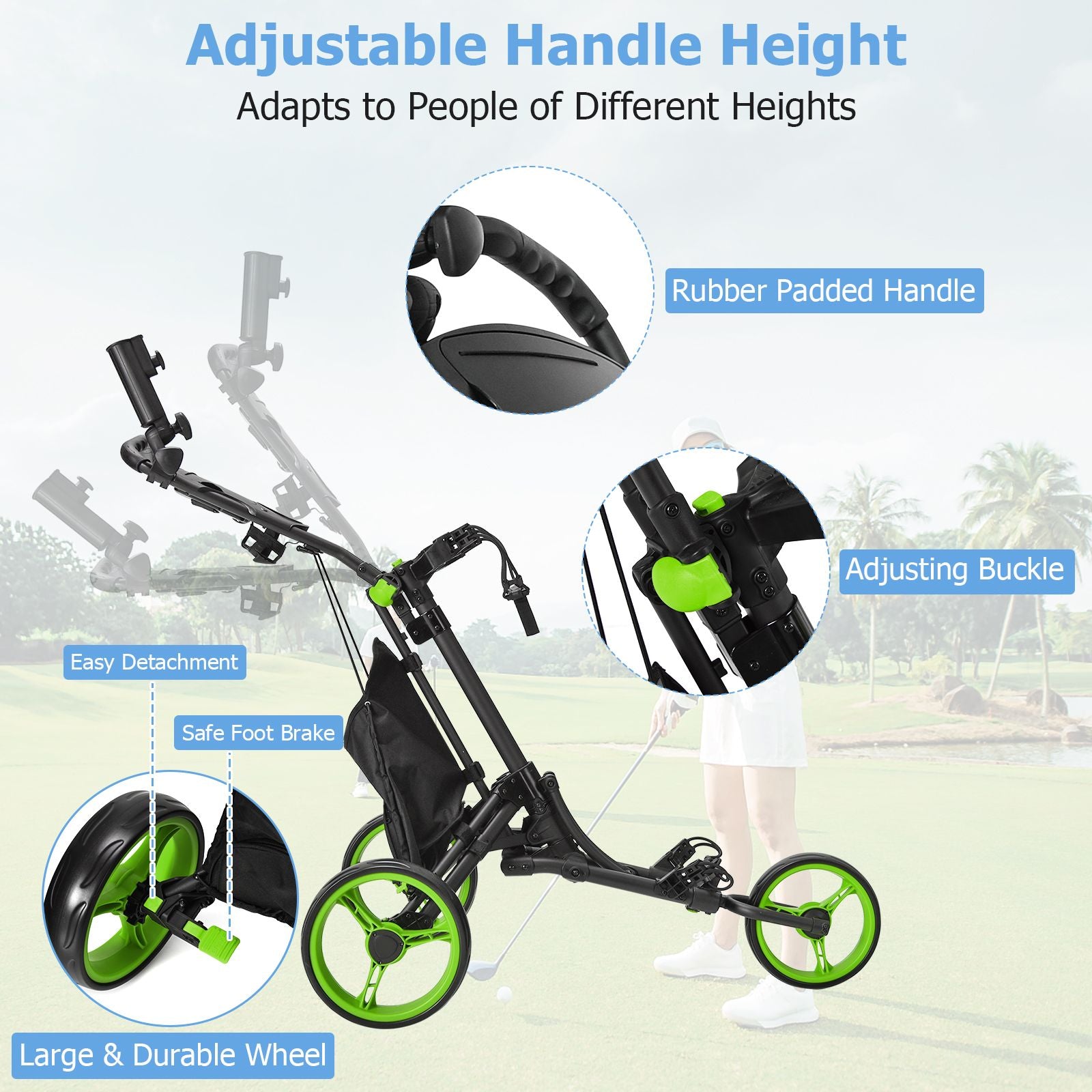 Three-Wheel Golf Push and Pull Cart with Adjustable Height Handle