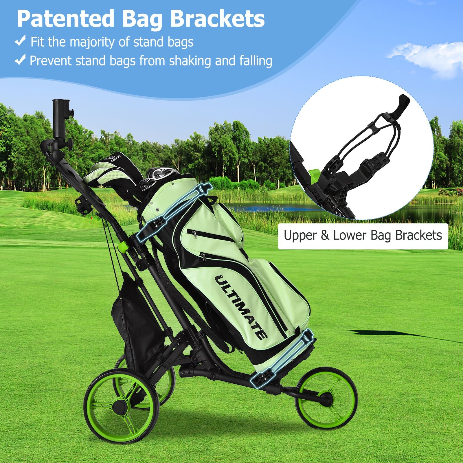 Three-Wheel Golf Push and Pull Cart with Adjustable Height Handle