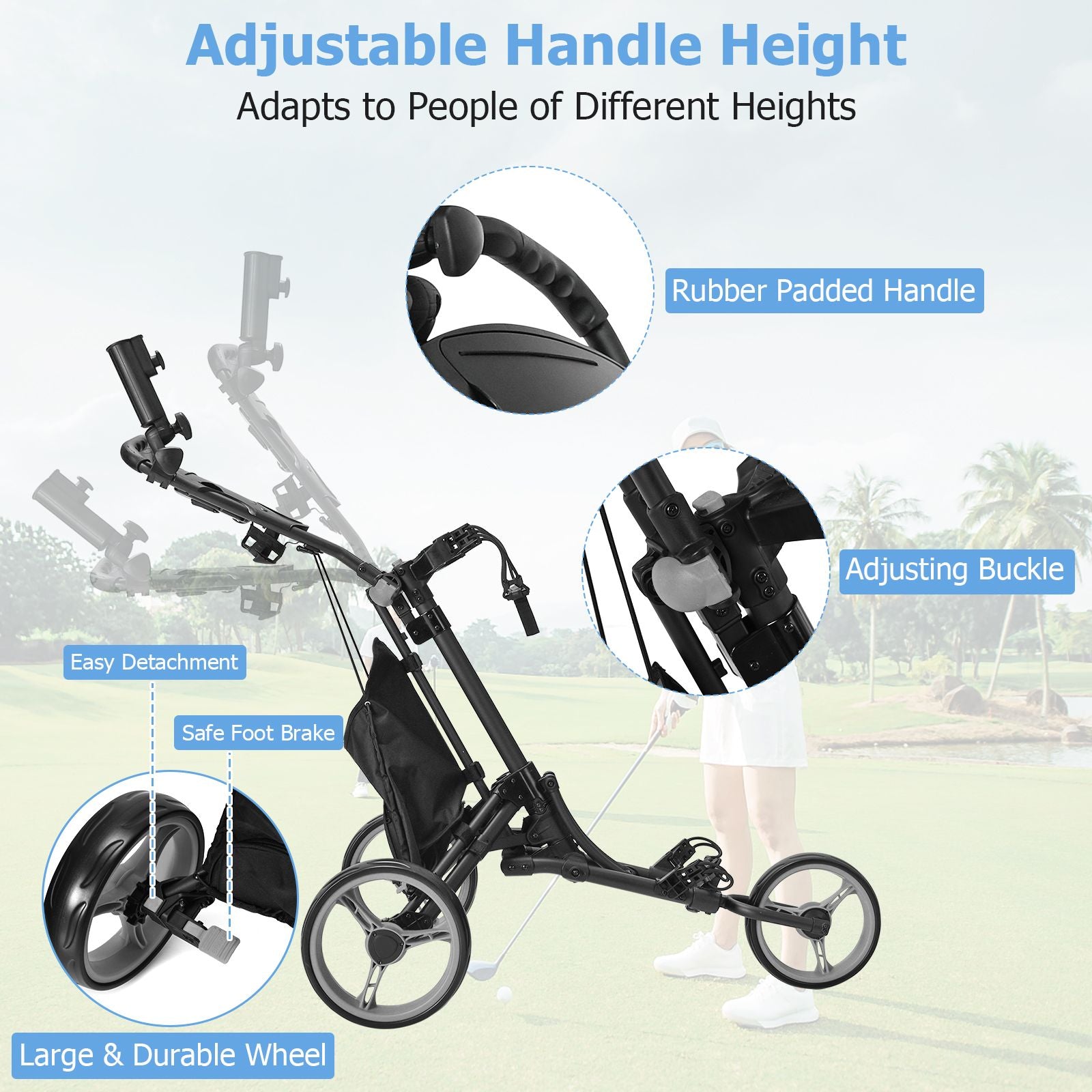 Three-Wheel Golf Push and Pull Cart with Adjustable Height Handle